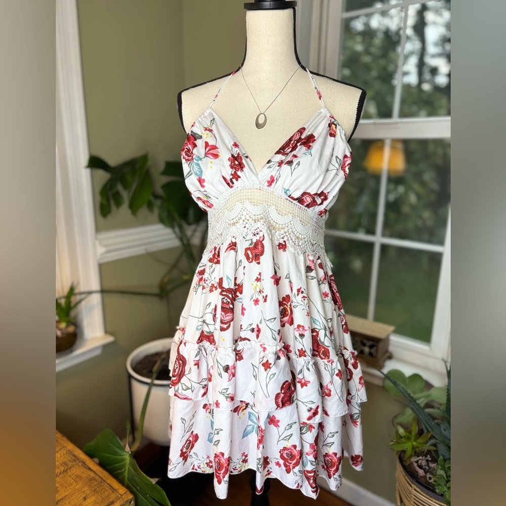 floral ruffle babydoll cottage lace feminine halter dress by chic me size large